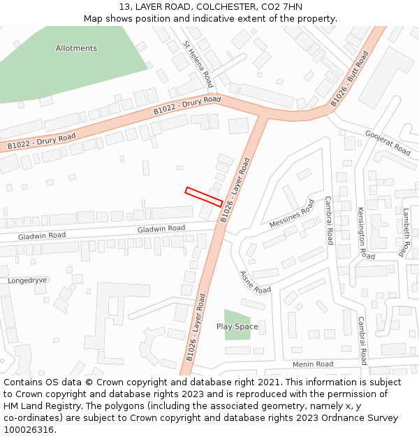 13, LAYER ROAD, COLCHESTER, CO2 7HN: Location map and indicative extent of plot