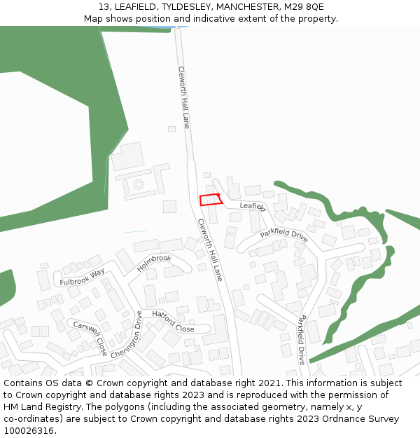 13, LEAFIELD, TYLDESLEY, MANCHESTER, M29 8QE: Location map and indicative extent of plot