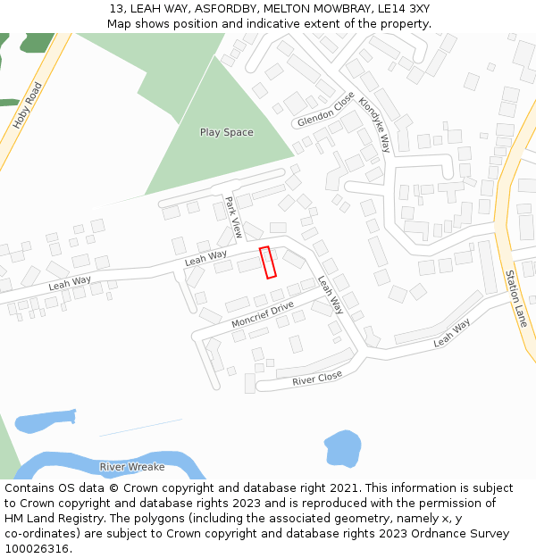 13, LEAH WAY, ASFORDBY, MELTON MOWBRAY, LE14 3XY: Location map and indicative extent of plot