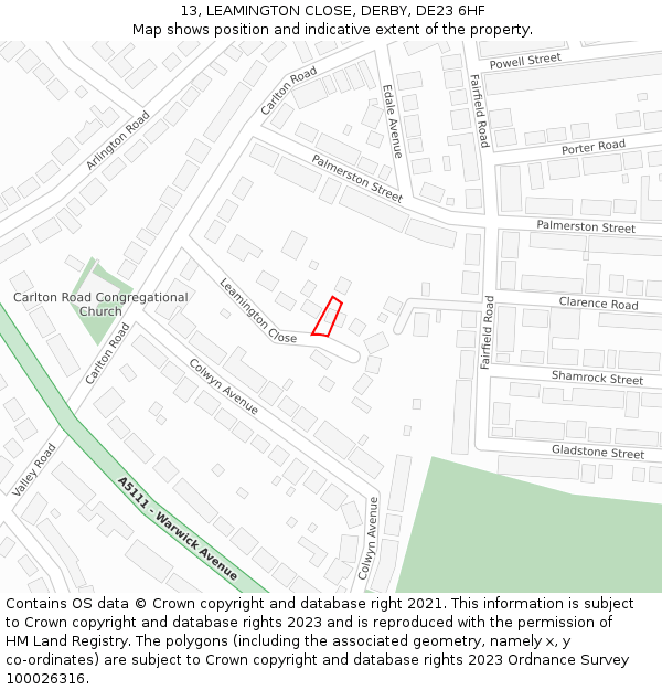 13, LEAMINGTON CLOSE, DERBY, DE23 6HF: Location map and indicative extent of plot