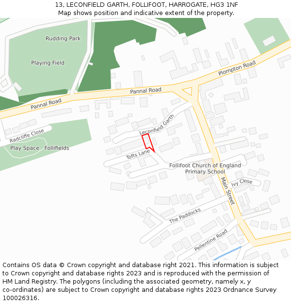 13, LECONFIELD GARTH, FOLLIFOOT, HARROGATE, HG3 1NF: Location map and indicative extent of plot