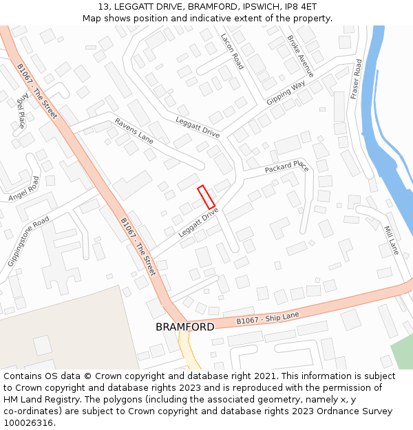 13, LEGGATT DRIVE, BRAMFORD, IPSWICH, IP8 4ET: Location map and indicative extent of plot