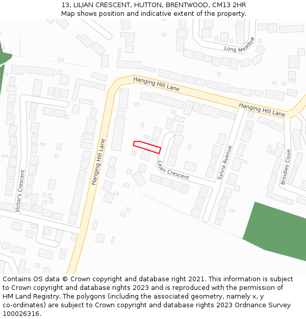 13, LILIAN CRESCENT, HUTTON, BRENTWOOD, CM13 2HR: Location map and indicative extent of plot