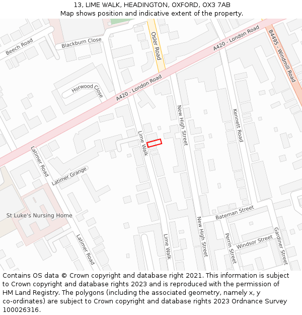 13, LIME WALK, HEADINGTON, OXFORD, OX3 7AB: Location map and indicative extent of plot