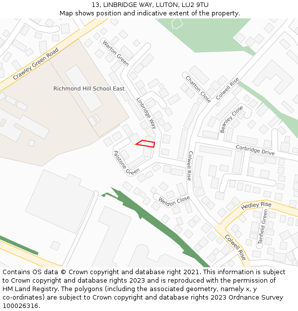 13, LINBRIDGE WAY, LUTON, LU2 9TU: Location map and indicative extent of plot