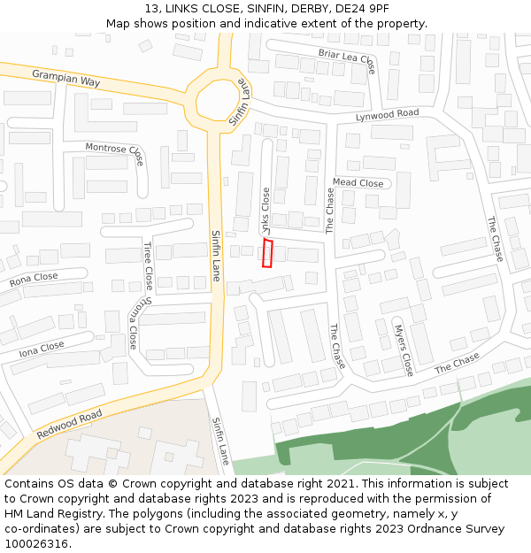 13, LINKS CLOSE, SINFIN, DERBY, DE24 9PF: Location map and indicative extent of plot