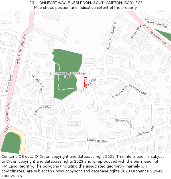 13, LIONHEART WAY, BURSLEDON, SOUTHAMPTON, SO31 8GF: Location map and indicative extent of plot