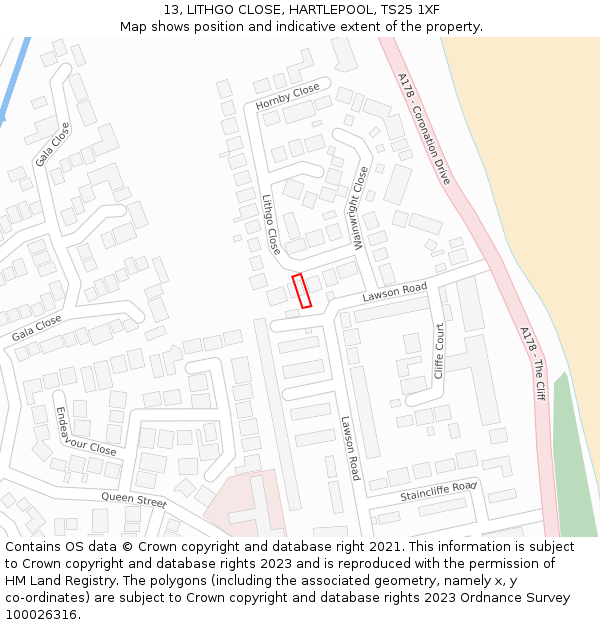 13, LITHGO CLOSE, HARTLEPOOL, TS25 1XF: Location map and indicative extent of plot
