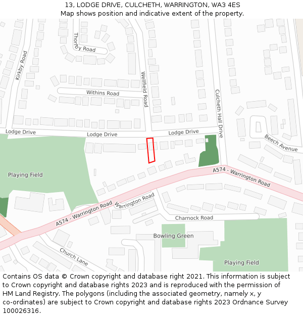 13, LODGE DRIVE, CULCHETH, WARRINGTON, WA3 4ES: Location map and indicative extent of plot