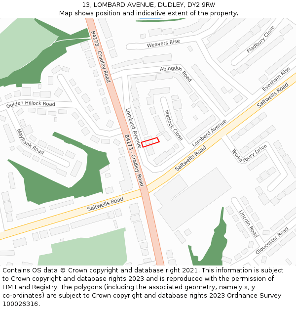 13, LOMBARD AVENUE, DUDLEY, DY2 9RW: Location map and indicative extent of plot