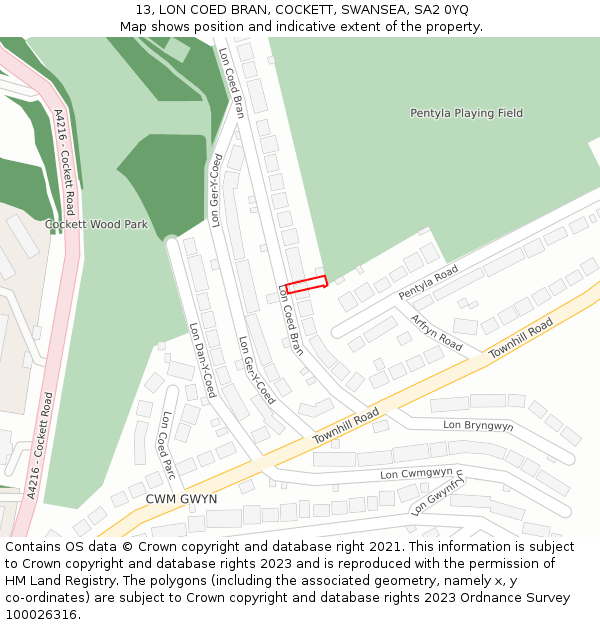 13, LON COED BRAN, COCKETT, SWANSEA, SA2 0YQ: Location map and indicative extent of plot