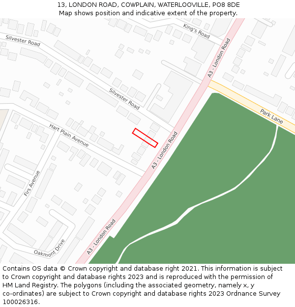 13, LONDON ROAD, COWPLAIN, WATERLOOVILLE, PO8 8DE: Location map and indicative extent of plot