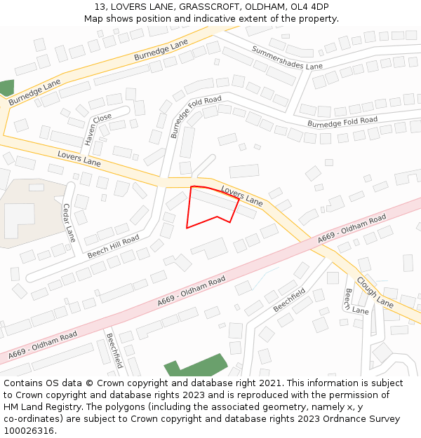 13, LOVERS LANE, GRASSCROFT, OLDHAM, OL4 4DP: Location map and indicative extent of plot