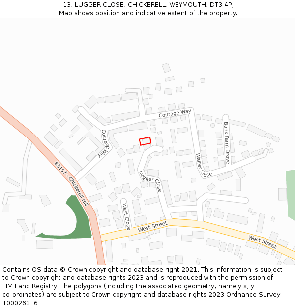 13, LUGGER CLOSE, CHICKERELL, WEYMOUTH, DT3 4PJ: Location map and indicative extent of plot