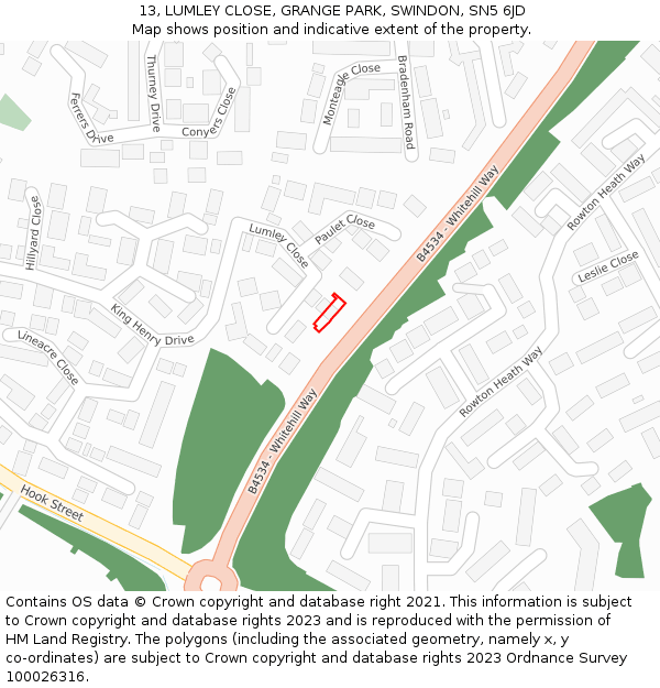 13, LUMLEY CLOSE, GRANGE PARK, SWINDON, SN5 6JD: Location map and indicative extent of plot