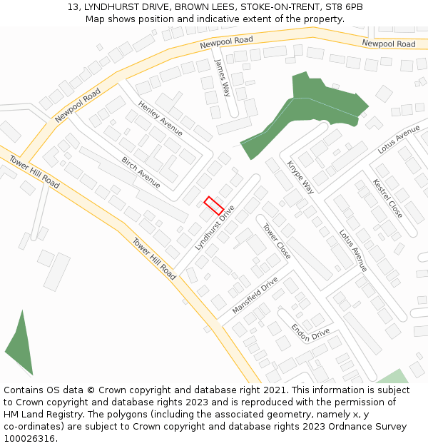 13, LYNDHURST DRIVE, BROWN LEES, STOKE-ON-TRENT, ST8 6PB: Location map and indicative extent of plot