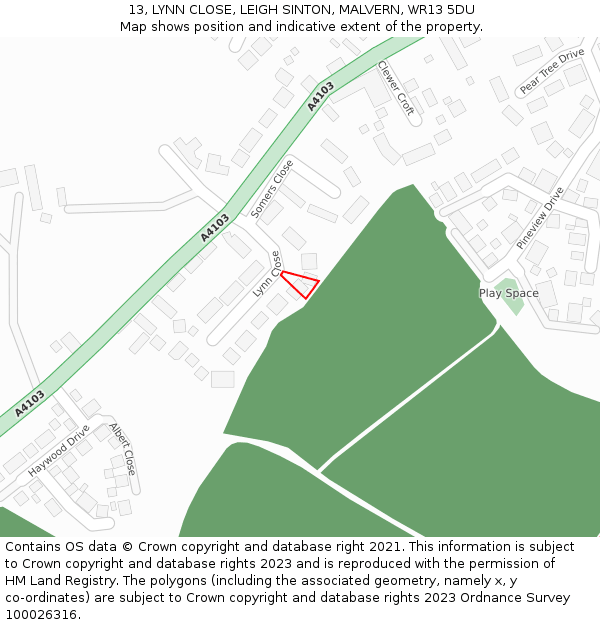13, LYNN CLOSE, LEIGH SINTON, MALVERN, WR13 5DU: Location map and indicative extent of plot