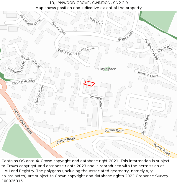 13, LYNWOOD GROVE, SWINDON, SN2 2LY: Location map and indicative extent of plot