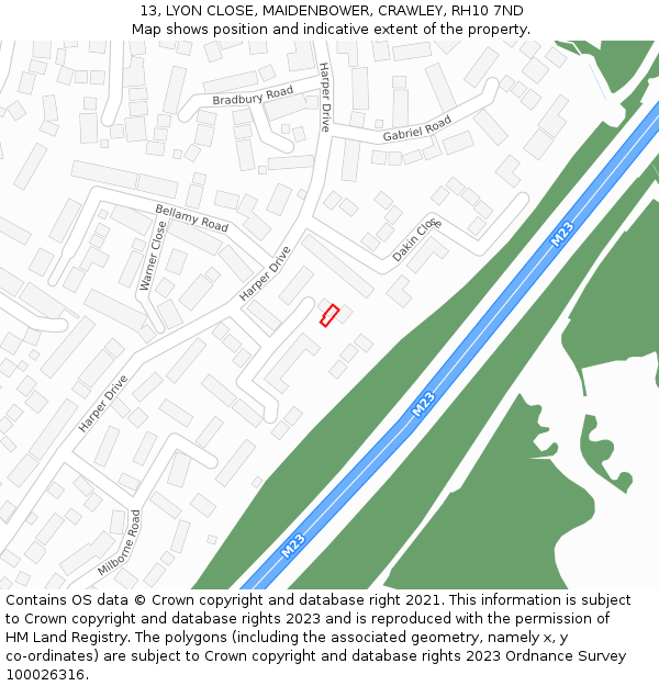 13, LYON CLOSE, MAIDENBOWER, CRAWLEY, RH10 7ND: Location map and indicative extent of plot