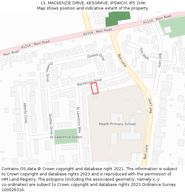13, MACKENZIE DRIVE, KESGRAVE, IPSWICH, IP5 1HW: Location map and indicative extent of plot