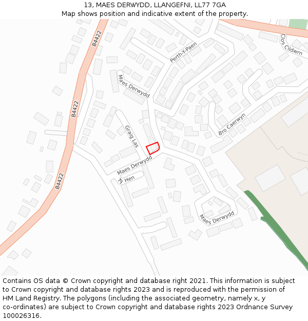 13, MAES DERWYDD, LLANGEFNI, LL77 7GA: Location map and indicative extent of plot