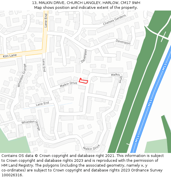 13, MALKIN DRIVE, CHURCH LANGLEY, HARLOW, CM17 9WH: Location map and indicative extent of plot