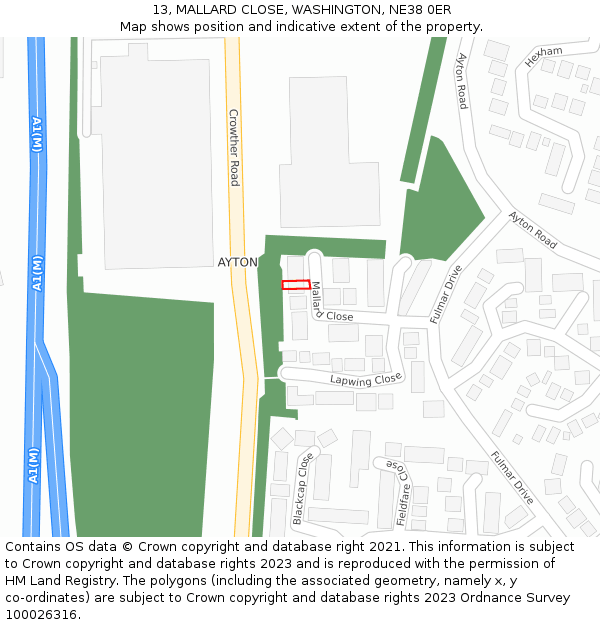 13, MALLARD CLOSE, WASHINGTON, NE38 0ER: Location map and indicative extent of plot