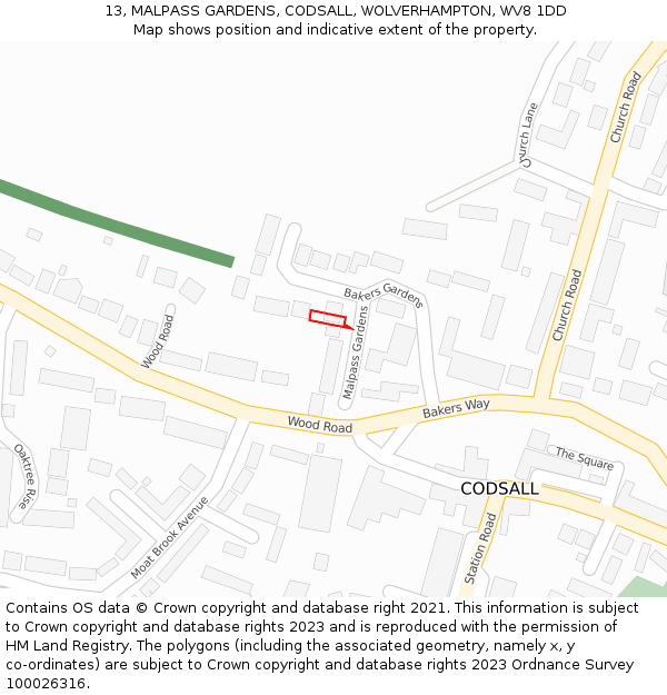 13, MALPASS GARDENS, CODSALL, WOLVERHAMPTON, WV8 1DD: Location map and indicative extent of plot