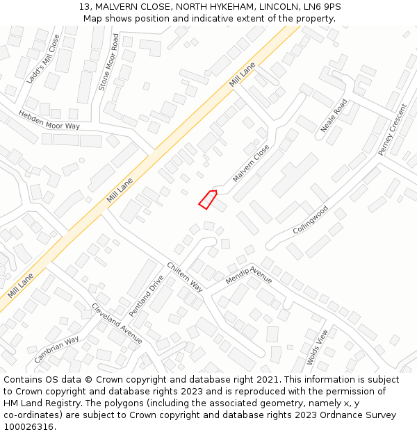 13, MALVERN CLOSE, NORTH HYKEHAM, LINCOLN, LN6 9PS: Location map and indicative extent of plot