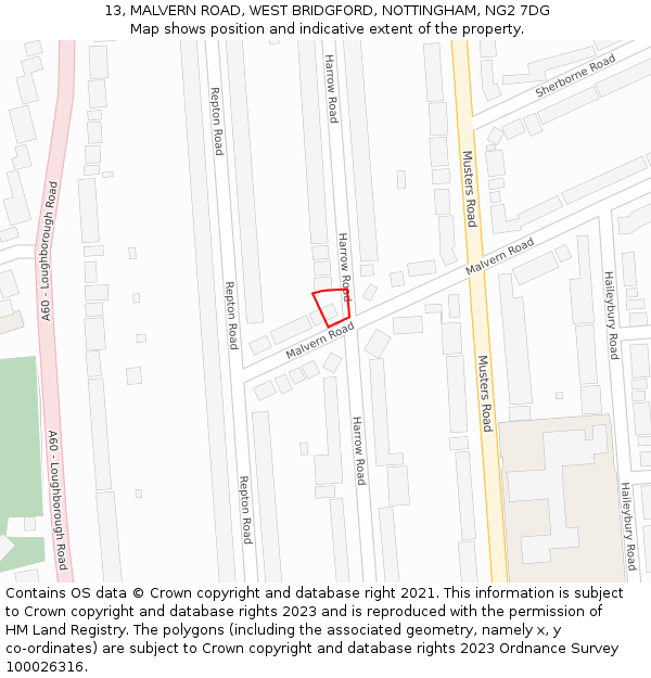 13, MALVERN ROAD, WEST BRIDGFORD, NOTTINGHAM, NG2 7DG: Location map and indicative extent of plot