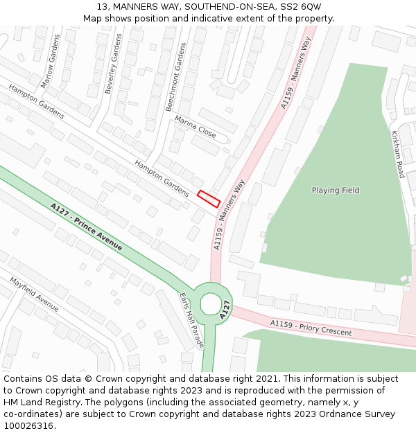 13, MANNERS WAY, SOUTHEND-ON-SEA, SS2 6QW: Location map and indicative extent of plot