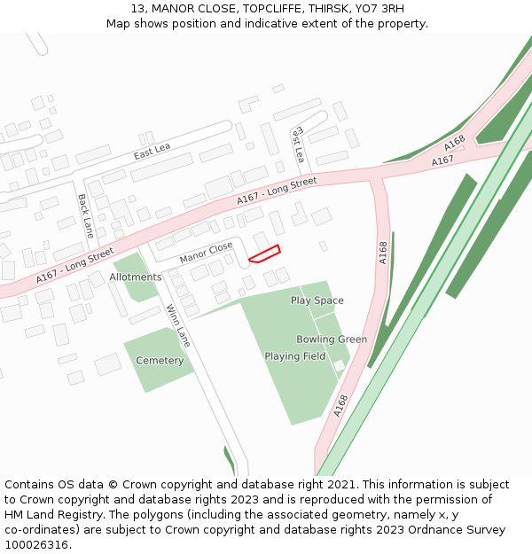 13, MANOR CLOSE, TOPCLIFFE, THIRSK, YO7 3RH: Location map and indicative extent of plot