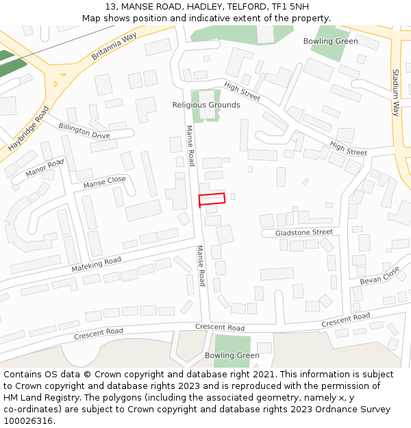 13, MANSE ROAD, HADLEY, TELFORD, TF1 5NH: Location map and indicative extent of plot