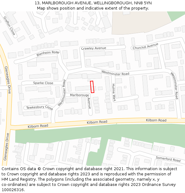 13, MARLBOROUGH AVENUE, WELLINGBOROUGH, NN8 5YN: Location map and indicative extent of plot