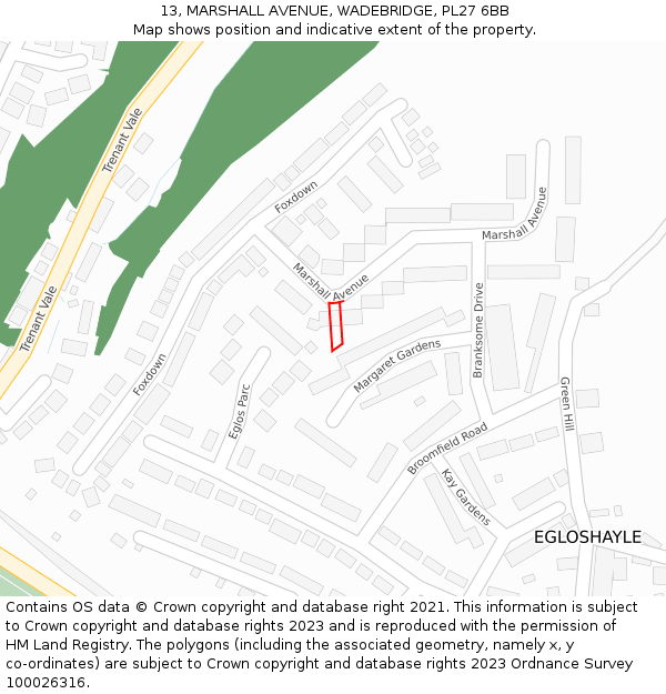 13, MARSHALL AVENUE, WADEBRIDGE, PL27 6BB: Location map and indicative extent of plot