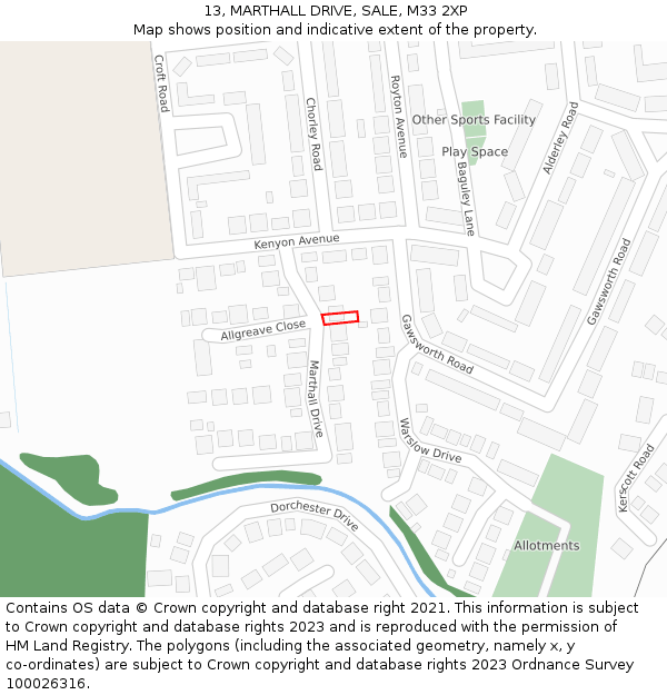 13, MARTHALL DRIVE, SALE, M33 2XP: Location map and indicative extent of plot