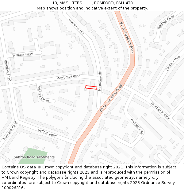 13, MASHITERS HILL, ROMFORD, RM1 4TR: Location map and indicative extent of plot