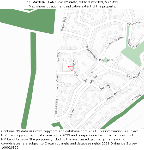 13, MATTHAU LANE, OXLEY PARK, MILTON KEYNES, MK4 4SY: Location map and indicative extent of plot