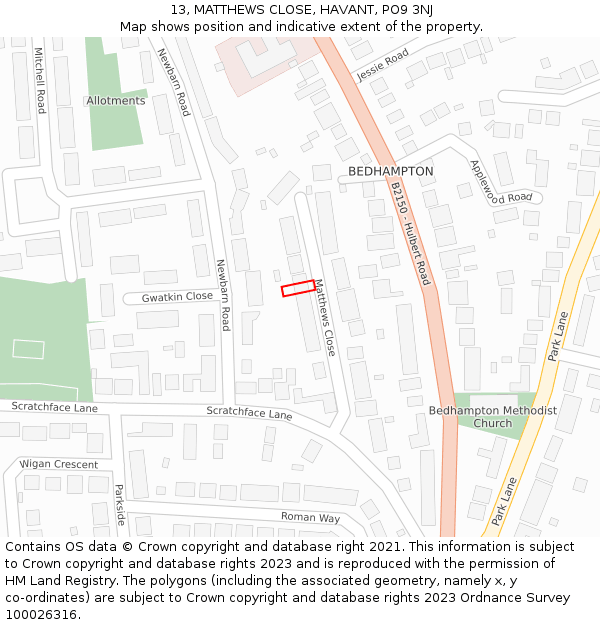 13, MATTHEWS CLOSE, HAVANT, PO9 3NJ: Location map and indicative extent of plot