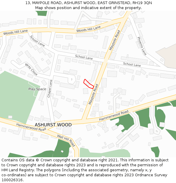 13, MAYPOLE ROAD, ASHURST WOOD, EAST GRINSTEAD, RH19 3QN: Location map and indicative extent of plot