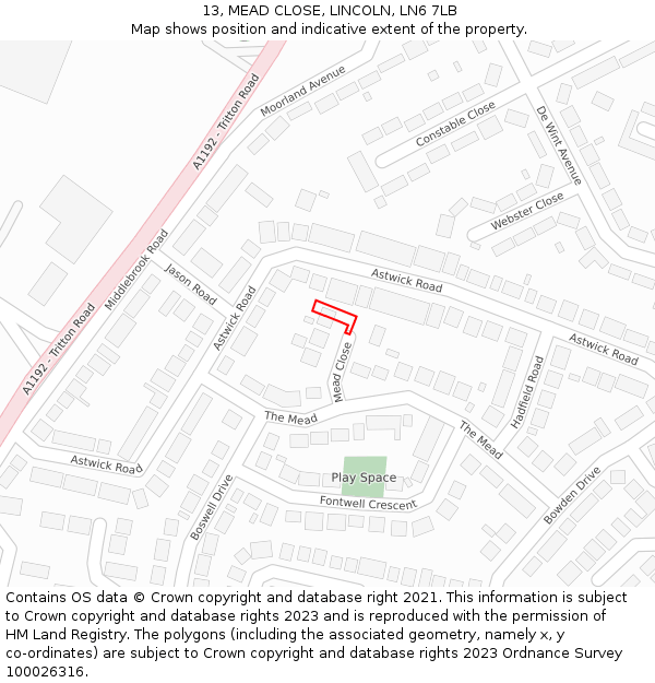 13, MEAD CLOSE, LINCOLN, LN6 7LB: Location map and indicative extent of plot