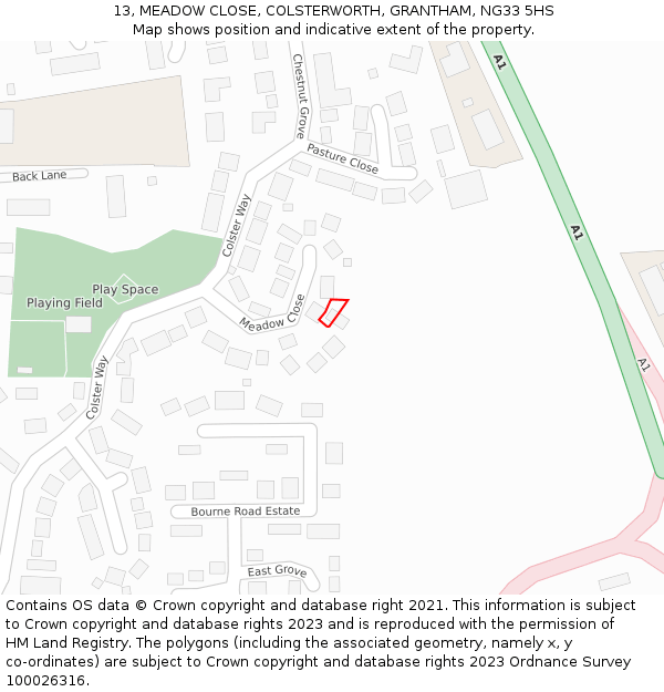 13, MEADOW CLOSE, COLSTERWORTH, GRANTHAM, NG33 5HS: Location map and indicative extent of plot