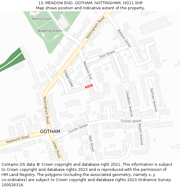 13, MEADOW END, GOTHAM, NOTTINGHAM, NG11 0HP: Location map and indicative extent of plot