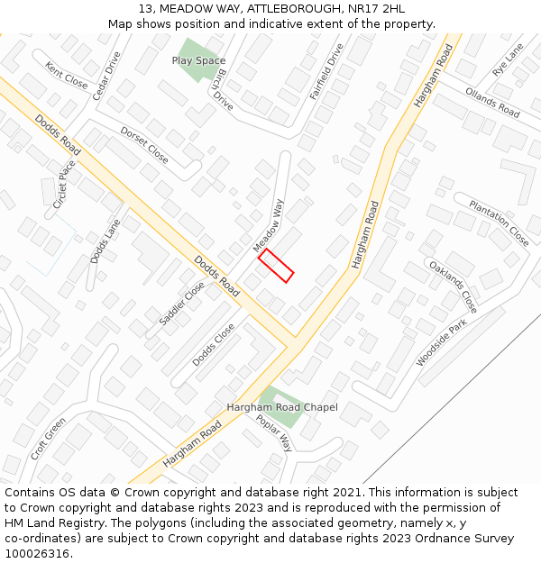 13, MEADOW WAY, ATTLEBOROUGH, NR17 2HL: Location map and indicative extent of plot