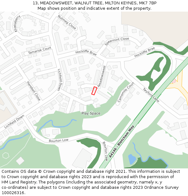 13, MEADOWSWEET, WALNUT TREE, MILTON KEYNES, MK7 7BP: Location map and indicative extent of plot