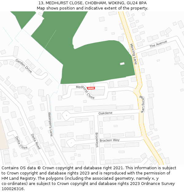 13, MEDHURST CLOSE, CHOBHAM, WOKING, GU24 8PA: Location map and indicative extent of plot