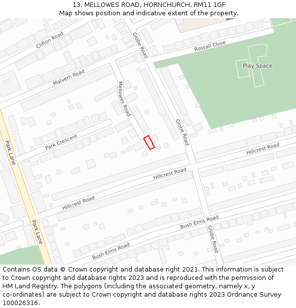 13, MELLOWES ROAD, HORNCHURCH, RM11 1GF: Location map and indicative extent of plot