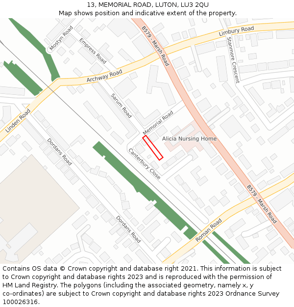 13, MEMORIAL ROAD, LUTON, LU3 2QU: Location map and indicative extent of plot