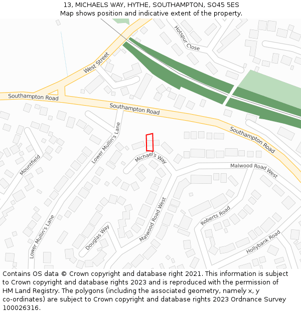 13, MICHAELS WAY, HYTHE, SOUTHAMPTON, SO45 5ES: Location map and indicative extent of plot
