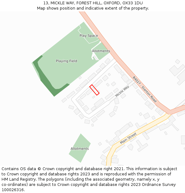 13, MICKLE WAY, FOREST HILL, OXFORD, OX33 1DU: Location map and indicative extent of plot